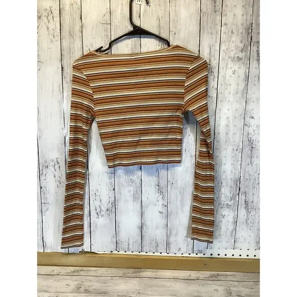BDG Striped Ribbed Crop Top Y2K Long Sleeve Henley Brown Womens M - Picture 2 of 4